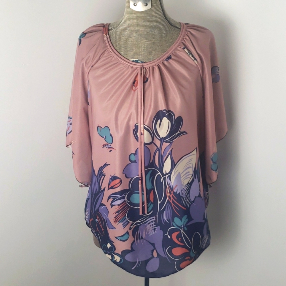 Vintage 1970s Angel Sleeve Floral Kimono Sleeve Shirt Bud Fashions